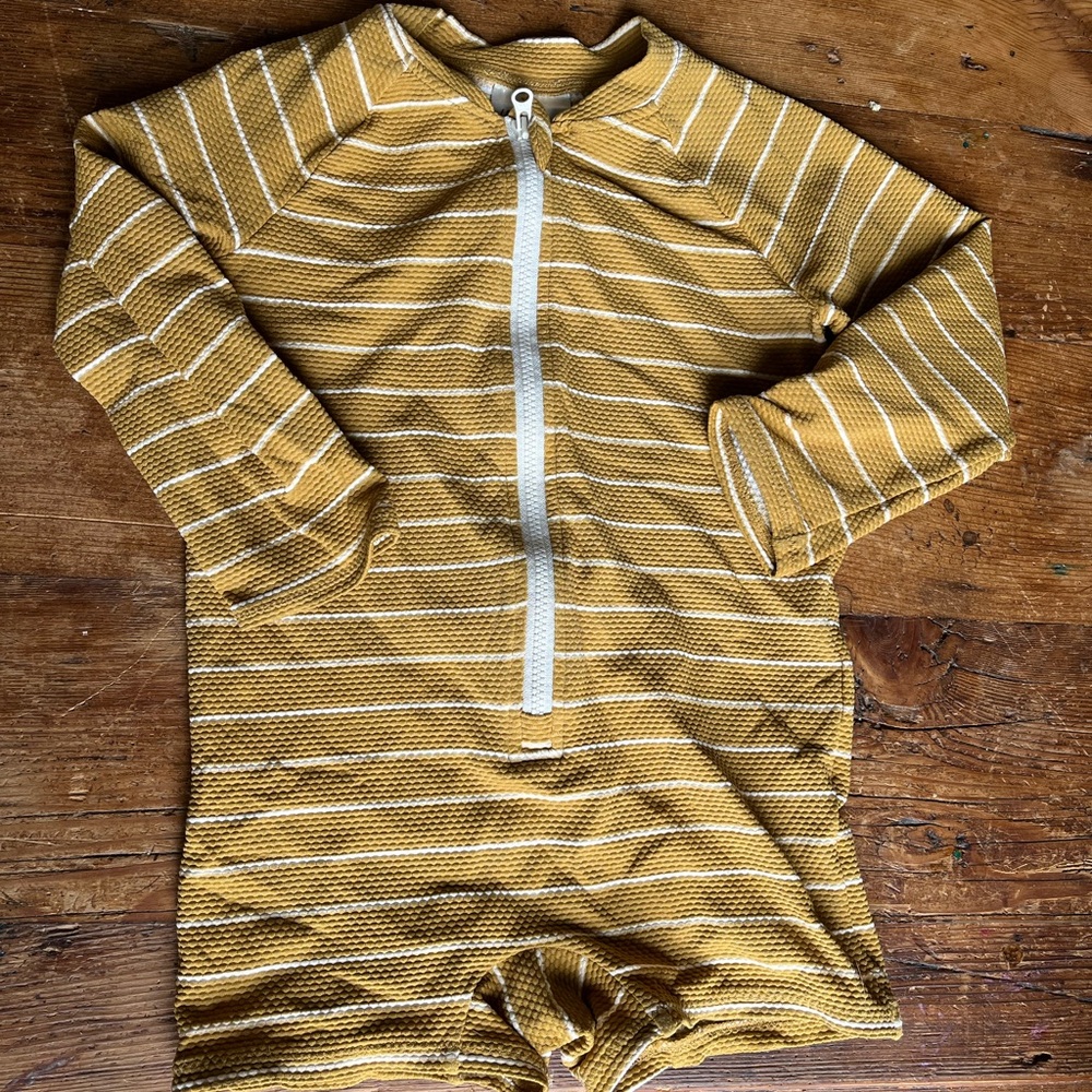H&M yellow striped swimsuit rash guard